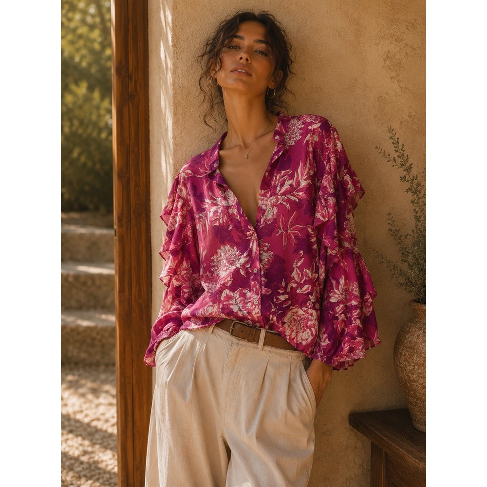 Zara Womens Pink Floral Ruffle Sleeve Button Up Blouse Top Large 2139/041
